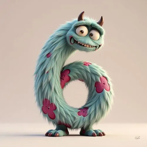 bottom shot of the number 6 made of zombie and fur elements on a plain light background in the style of Monsters Inc movie
,the monster is dressed as a cartoon character,sulley,janja,b