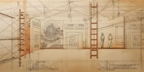 Architecture Sketch,drawing shows a wall with a man walking down it,frame drawing,blueprint,wooden frame construction