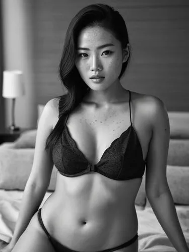 The same scene as a black and white photo. However, the freckles should be visible.,a woman is posing in her underwear on a bed,asian woman,vintage asian,asian vision,nguyen,heungseon,asian girl,Photo