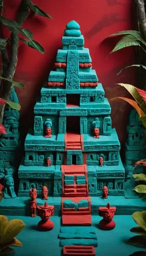 Ancient Mesoamerican temple, pre-Columbian architecture, stepped pyramid, intricate stone carvings, vibrant turquoise and red paint, lush jungle surroundings, misty atmosphere, atmospheric lighting, d