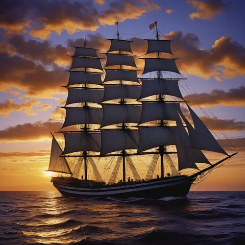 Create a romantic atmosphere aboard a tall ship during sunset, painting a picture of love and adventure on the open seas.,sea sailing ship,three masted sailing ship,sail ship,sailing ship,tall ship,fu