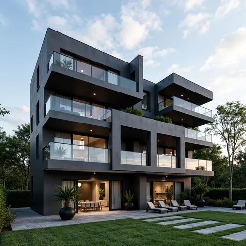 A contemporary, multi-story luxury residence showcasing a bold, geometric composition of stacked rectangular volumes in deep charcoal and slate hues. The façade features sleek glass railings, spacious