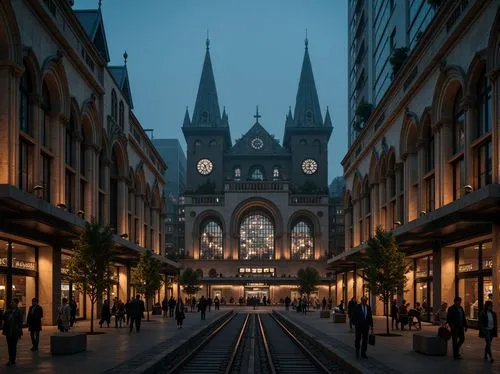 Grandiose train station, ornate Gothic facades, pointed arches, ribbed vaults, flying buttresses, intricate stone carvings, stained glass windows, majestic clock towers, ornamental ironwork, dramatic 