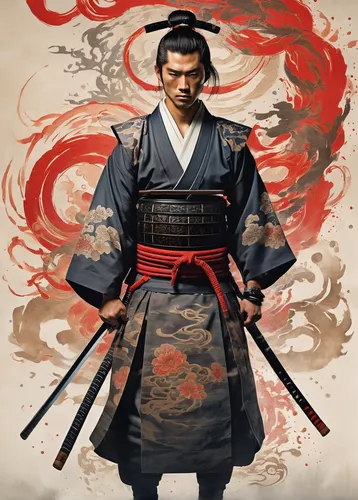 A young samurai warrior stands proudly, their lithe frame adorned with vibrant tattoos that tell tales of battles fought and victories won. Swirls of ink dance around them, creating an ethereal aura, 