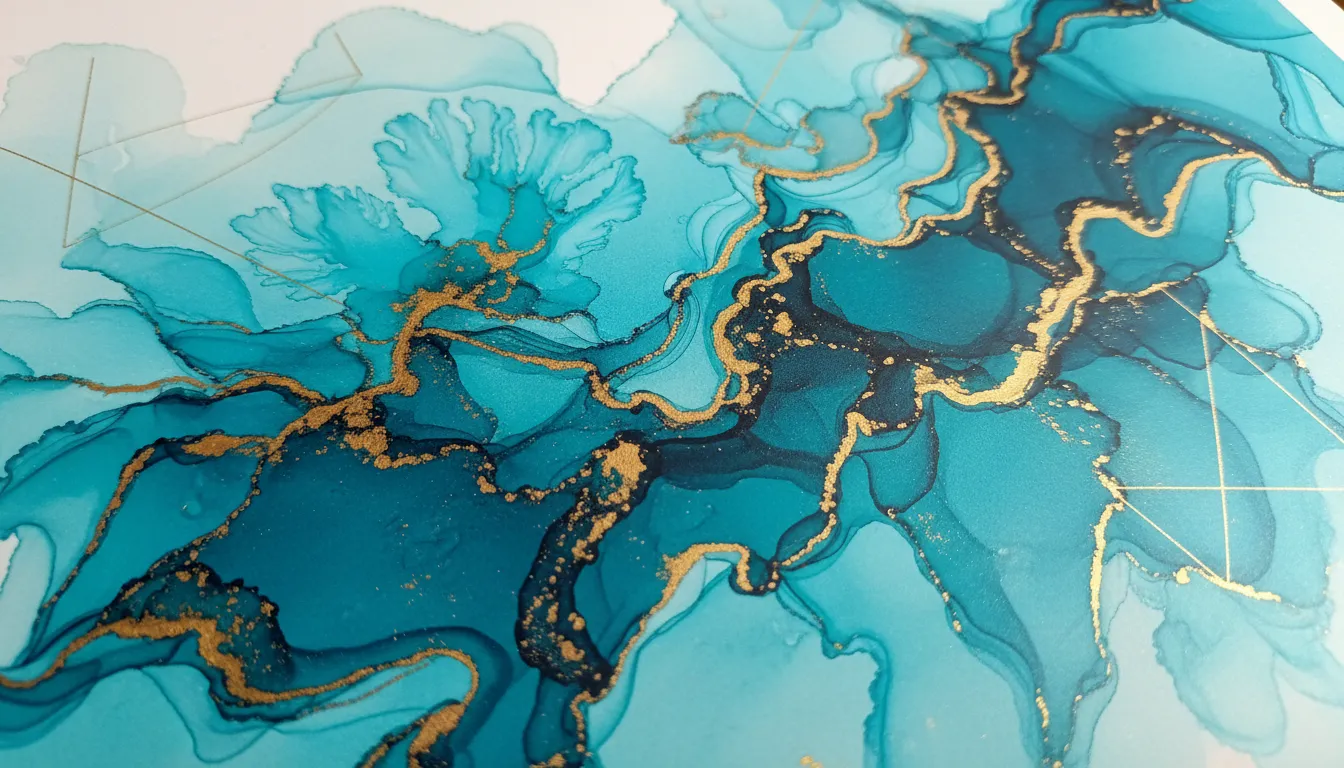 Un primo piano di un design per poster vibrante ed etereo con inchiostro ad alcol nei colori oro e verde acqua, generato da PromeAI.