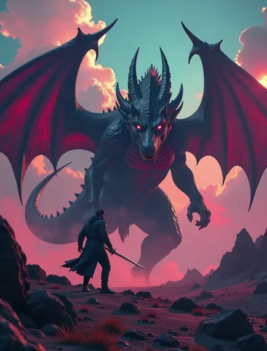 In the scene, the giant dragon flaps its wings, emitting black smoke, while the man slowly raises his sword toward the beast.,black dragon,painted dragon,reignited,game illustration,dragon of earth,dr