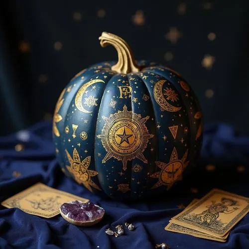 A mystical tarot-inspired pumpkin featuring intricate celestial symbols, moons, and stars. Painted in dark navy and gold, it’s set on a velvet cloth with tarot cards and crystals, evoking an aura of m