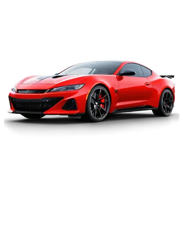 Low-angle shot, sports car, red body, sleek design, shiny metallic paint, black wheels, low-profile tires, chrome exhaust pipes, LED headlights, aggressive front grille, racing stripes, muscular lines