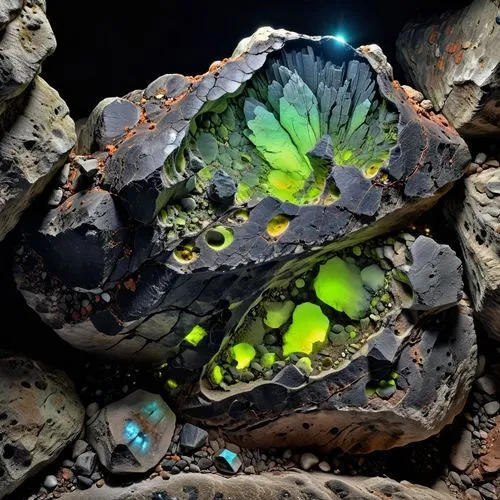 roccia spaccata , lavorata e levigata di colore nero, con all'interno minerali fluorescenti,a small rock sits among some rocks with an array of different colors on it,solidified lava,colored rock,tekt