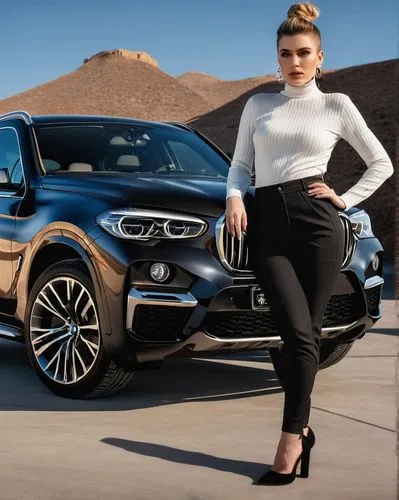 image of a White female with an updo hairstyle, standing in front of a black BMW SUV with chrome Rims, she has some fashionable clothes, and her makeup is flawless, the background is like a photoshoot