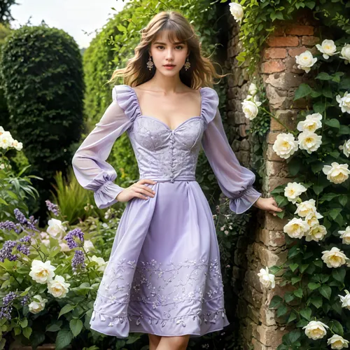 make the girl  more feminine, and more innocent looking. increase image quality and enhance the details of the dress,a woman in a lavender dress with a lace up bodice,purple dress,vintage dress,mauve,