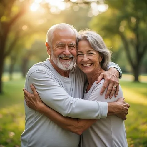Outdoor, hug and senior couple for fitness, exercise and walking with happy people in retirement
,an older couple cuddling in the park at sunrise,elderly couple,semiretirement,retirees,old couple,co