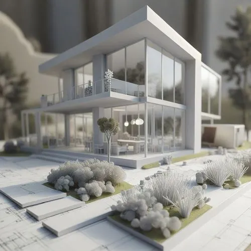 a model house sitting on top of a table,prefab,modern house,prefabs,render,prefabricated,model house