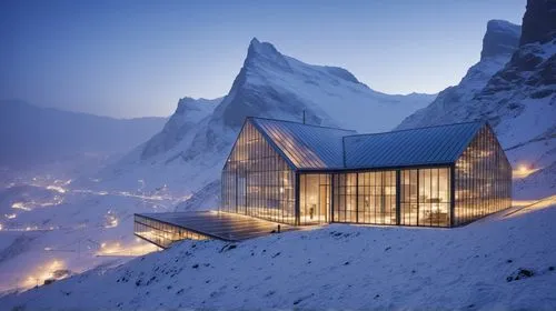 Modern architecture in the mountains,mountain hut,house in mountains,house in the mountains,alpine hut,mountain huts,snowhotel,snow house,snow shelter,winter house,alpine restaurant,avalanche protecti