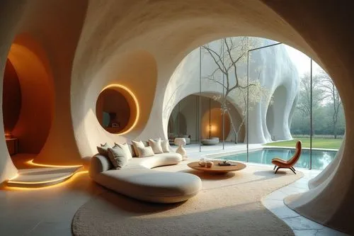 Design stunning glass-walled retreats harmonizing nature with modern elegance.,a living room with circular sofas next to a pool,luxury bathroom,chaise lounge,fireplaces,futuristic architecture,interio