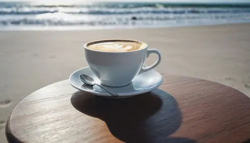 a cup of coffee on a table at the beach,a coffee cup on a table with the ocean in the background,coffee bay,café au lait,cappucino,flat white,kaffee,a cup of coffee,coffee break,coffee time,cappuccino