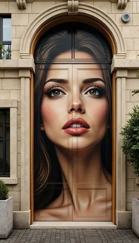 there is a picture of a beautiful woman behind the open doors,metallic door,steel door,hinged doors,doors,door,wooden door,front door,garden door,doorways,facade painting,doorkeepers,the door,doorkeep