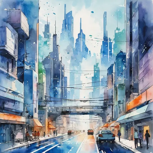 Capture the essence of a futuristic cityscape in an anime style.,shinjuku,tokyo,tokyo city,cityscape,shanghai,watercolor,watercolor background,taipei,watercolor blue,watercolor painting,tokyo ¡¡,water