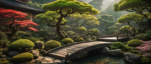 small bridge over small pond leading to the pavilion,japan garden,japanese garden,japan landscape,japanese garden ornament,japanese zen garden,zen garden,sake gardens,beautiful japan,moss landscape,fa