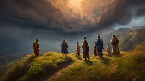 jesus is coming in the air above disciples around him, in the style of precisionist lines, steve henderson, lucid developments of his subjects, mort künstler, layered translucency, joyful celebration 