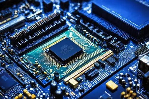 Die-cast metal, CPU architecture, 386 processor, motherboard, circuits, wires, microchips, silver heat sink, golden screws, dark blue PCB, transparent plastic casing, internal components, intricate de