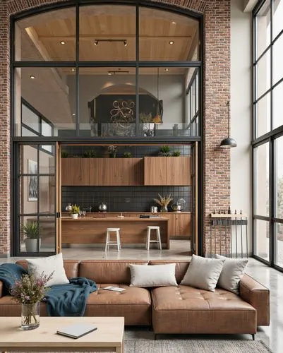 Industrial, Exposed brick walls, Steel frame windows, Polished concrete floors, Warm brown furniture, Metallic detailing, Neutral tones, High ceilings, Urban refinement, by Gensler,the living room has