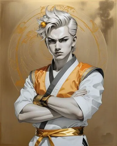 a picture of a man wearing a costume with his arms crossed,grandmaster,samurai,swordsman,samurai fighter,garrison,male character,monk,shogun,sun god,golden dragon,world digital painting,yin,portrait b