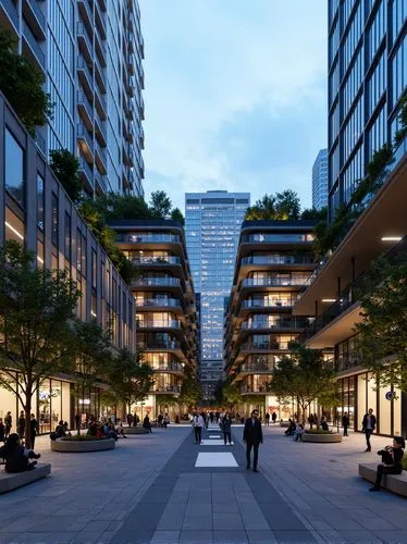  Photograph of a modern urban plaza at dusk featuring a multi-level building with extensive glass facades,integrated greenery,and outdoor seating areas. The plaza is bustling with activity,with pedest