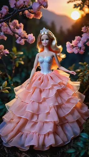 Barbie Doll princess, peach layeres gown, white glitter bodice, soft large frills, creamy chiffon, flowy, breezy, peach clouds, peaches n cream barbie doll, peach trees,Peaches n Cream,peach rose,doll