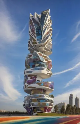 a building built in a street, conceptual architecture, cityscape,stack of books,spiral book,bookbuilding,book stack,pile of books,bookshelf,bookspan,booksurge,futuroscope,heatherwick,steel sculpture,b