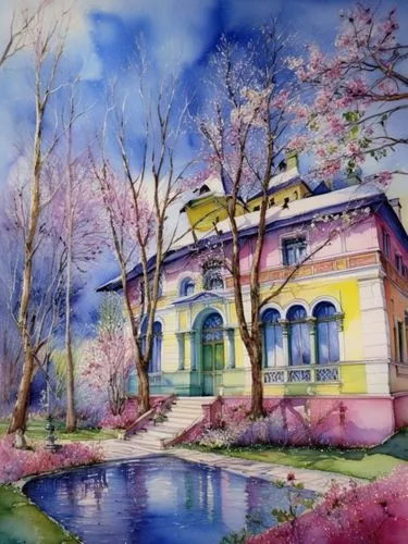 Особняк в неорусском стиле, весна,painting of a house by a pond in a garden,watercolor shops,watercolor cafe,thermal spring,villa,watercolor,watercolor painting