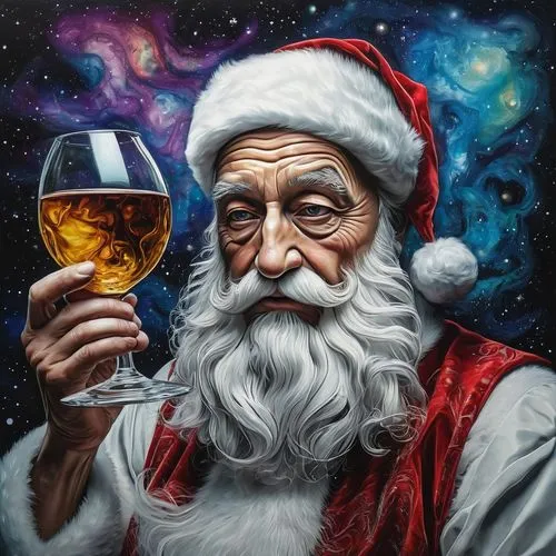 The mind becomes another world, a multiverse, Surreal search for the empty void within a dreamscape of truth and lies. Santa Claus. Surreal, alcohol ink, faded semi transparent, hyperdetailed. Inspire