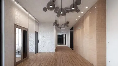 an office building with a nice looking wood floor,hallway space,walk-in closet,hallway,ceiling lighting,interior modern design,associati,modern room,ceiling construction,contemporary decor,ceiling lam
