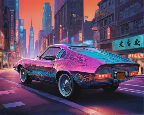 A vivid, retro-style illustration of a bucciali classic car, set against a lively urban backdrop, with neon lights illuminating the streets and creating an electrifying atmosphere, showcasing the city
