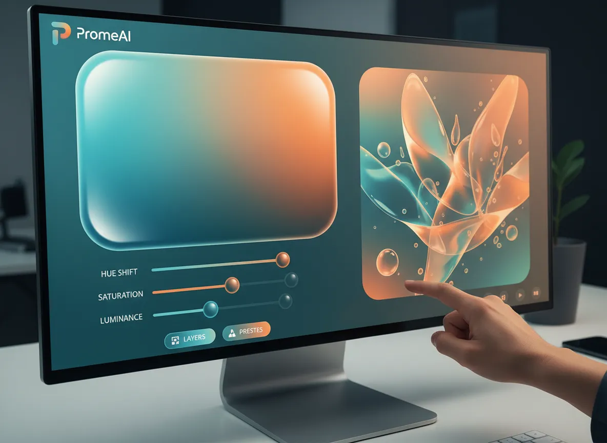 Un'interfaccia che mostra un utente mentre regola le palette di colori su un design Frutiger Aero all'interno di PromeAI, passando da blu/verde a un caldo arancione/verde acqua.