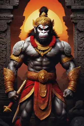 Hindu mythological character, Hanuman, strong muscular body, golden fur, white eyes, sharp teeth, red mouth, warrior costume, armor, sword, shield, angry expression, intense gaze, dramatic lighting, m