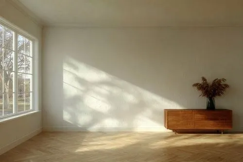 large white living room with brown wooden cabinet,wood window,wooden windows,danish room,empty room,wall lamp,white room,studio light,morning light,transparent window,modern room,sun light,translucenc
