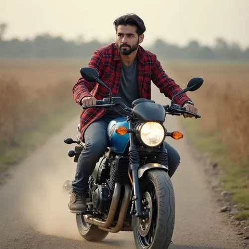 Honda NC750x, production year 2023, Mat Jeans Blue Metallic color, rides along a dusty road between fields. Driver is a slim 35-years-old man with black hair and short beard, he wear a denim grey jean