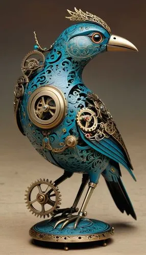 Un oiseau de style automate/mécanique. Le corps est principalement en métal bleu foncé ou noir, gravé de motifs complexes ressemblant à des filigranes. La tête a une crête bleu turquoise métallique. L