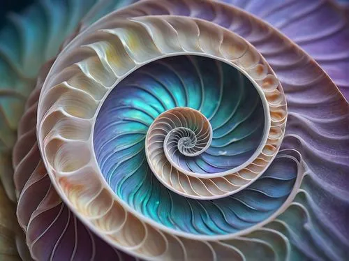 Sacred geometric patterns, intricate Nautilus shell, spiral ridges, pearly iridescent sheen, delicate curves, ornate details, mystical ambiance, ethereal glow, misty atmosphere, dreamlike quality, mac