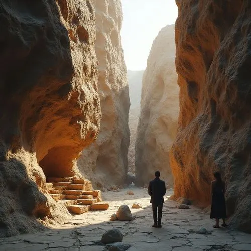 Daniel Libeskind’s Jewish Museum, reimagined in a rocky ravine
“Stone shards emerging from earth like tectonic plates. Visitors explore storytelling spaces inside cracked earth walls. Sunset shadows d