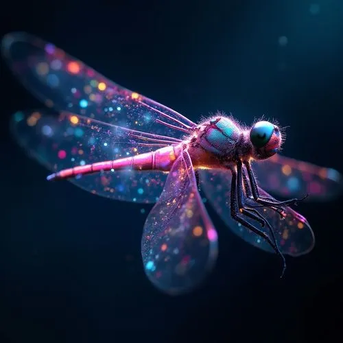 close-up of a beautiful dragonfly flyin( beautiful, cosmic-colored, shining,glowing, reflection of beautiful colorful lights\). very carefully described. very high resolution photo. Great focus. the m