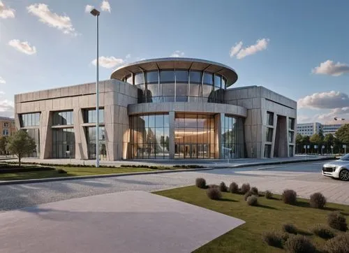  museum building color with futuristic architectural modern ,a large modern looking building with a big glass door,car showroom,new city hall,modern office,new building,office building,headquarter,mod