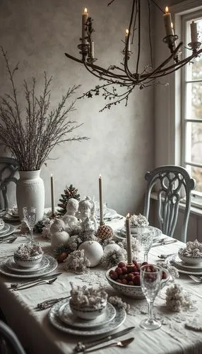 A cultural Christmas wallpaper featuring festive table settings, styled with monochrome tones, evoking a festive and cheerful atmosphere.,an elegant dining table is decorated with candles and white de