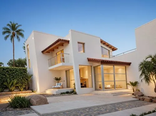 A photo-realistic rendering of a modern two-story house with a contemporary design, featuring a combination of stucco and tiled architecture. the house is located in a desert location, with a clear bl