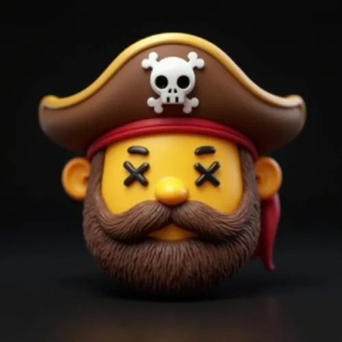 A 3D rendering depicts a yellow circular emoji against a black background. The emoji wears a brown pirate hat featuring a lighter brown curved brim and a darker brown crown. A white skull and crossbon