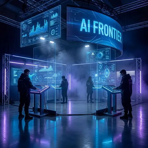 AI technology exhibition booth, holographic displays, transparent screens, glowing blue light, futuristic UI elements, cyberpunk style, reflective floor, volumetric fog, ultra detailed, unreal engine,