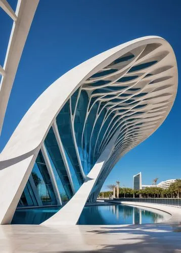 Calatrava Valencia architecture, City of Arts and Sciences, futuristic complex, white concrete curves, cantilevered structures, abstract shapes, modernist style, urban landscape, blue sky, sunny day, 