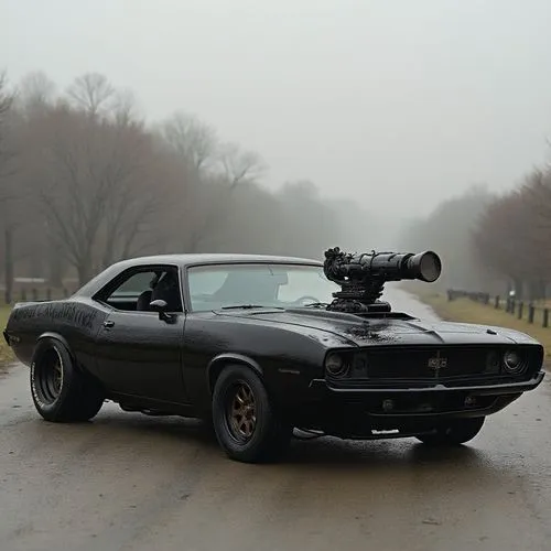 muscle car with canon, black matt,a dodge that is sitting in the middle of the road,muscle car,open hunting car,70's icon,muscle icon,interceptor,fastback,dodge,dodge charger,muscle,t bird,phantom,cor