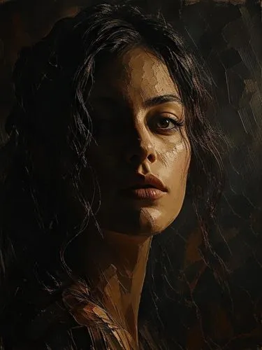 Prompt: "Impasto oil painting, moody chiaroscuro portrait. A woman's face partially illuminated by a strong side light, casting deep shadows on one side. The light side is rendered with thick, raised 